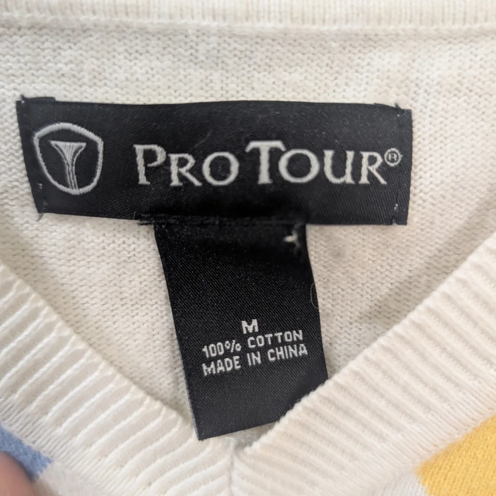 Pro Tour Argyle Sweater Vest Cream Blue Yellow Preppy Golf Layering Mens M
